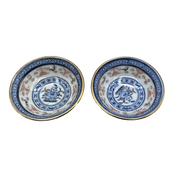 2 Vintage Chinese Eye Rice Grain Dipping Bowls Blue and White Porcelain RARE - Picture 4 of 9